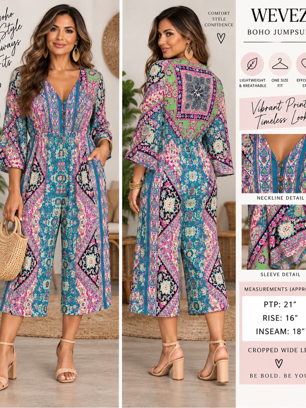 WEVEZ Boho Paisley Floral Wide Leg Cropped Jumpsuit One Size NWT